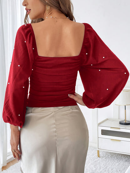 Women's Elegant Pearl-Adorned Square Neck Puff Sleeve Blouse - Short Ruffled Hem Red Top, Solid Burgundy Shirt for Spring/Fall, Semi-Formal & Casual Attire, Machine Washable with Pearl Buttons & Layered Ruffled Sleeves, Struc