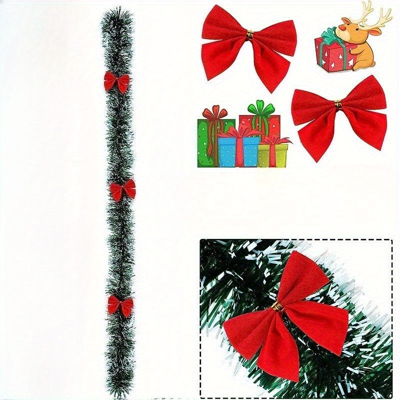 Extra Long 78.74in/200cm Garland - Heavy-Duty PET (Polyethylene Terephthalate) Christmas Garland with Elegant Deep Green, Red Bows & Black Beads - Indoor/Outdoor Hanging Decoration for Stairs, Banisters, Doors, Walls - Weddin