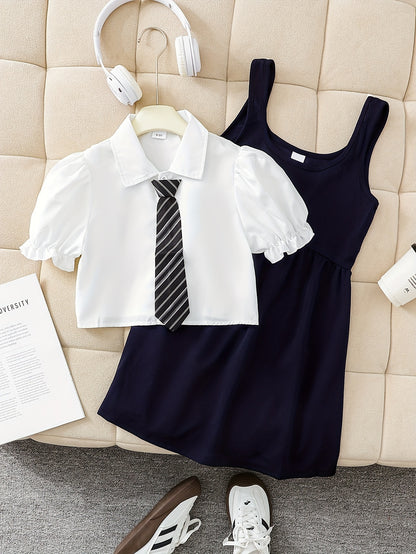 Girls' Preppy Campus Style Suspender Dress with Puff Sleeve Shirt