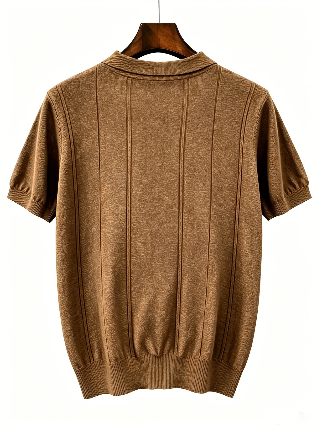 Men's Slim Fit Vertical Stripe Knit Polo Shirt with Lapel Collar