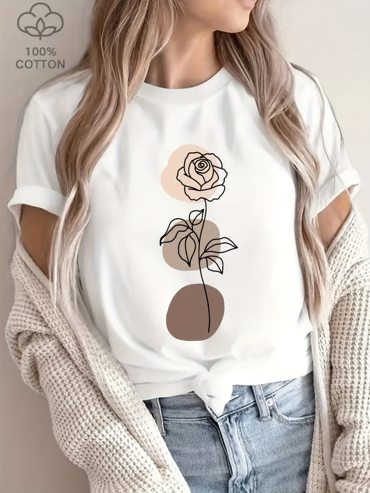 Women's Casual Cotton T-Shirt with Minimalist Floral Print - ayq