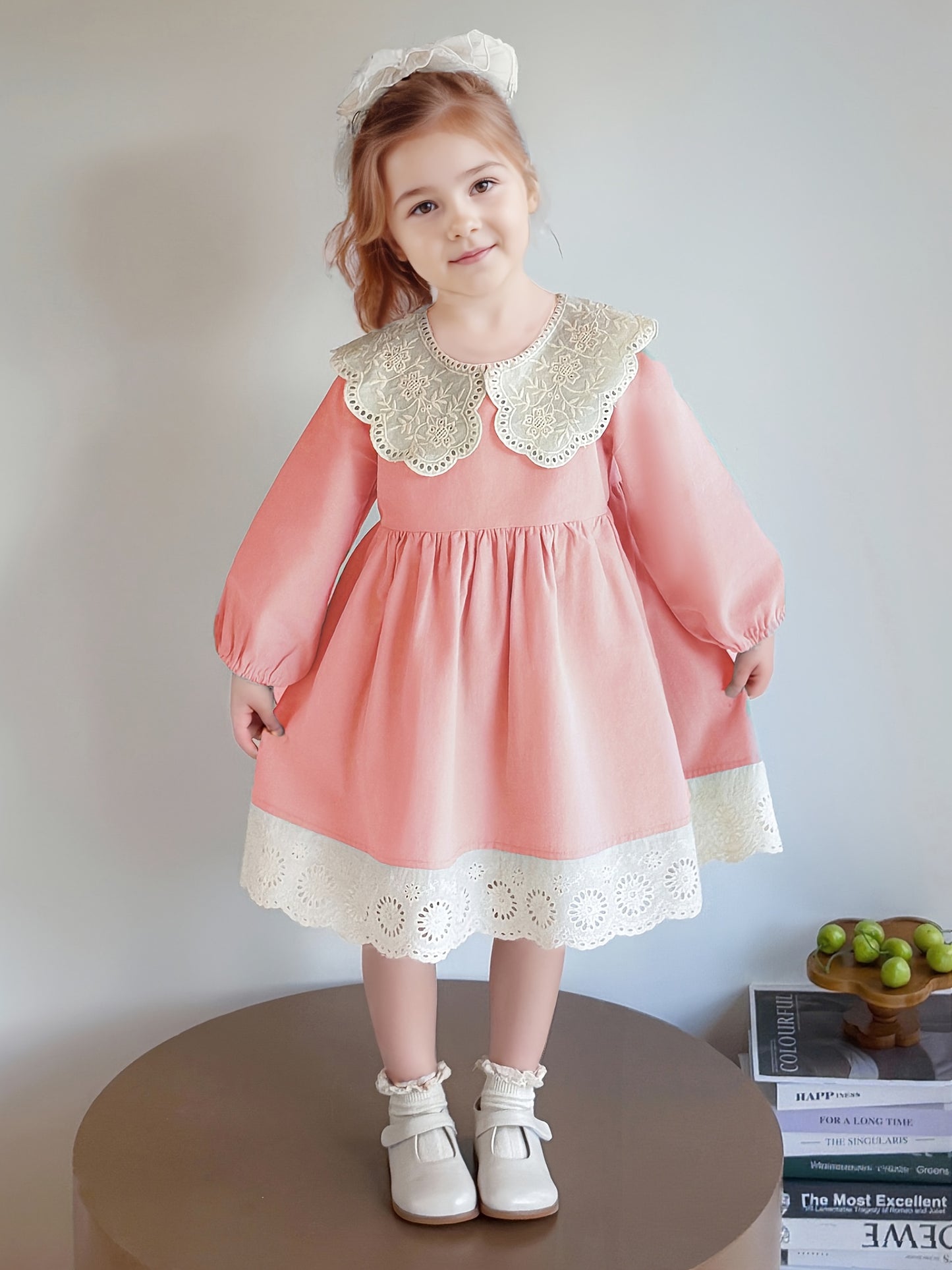Girls' Spring/Fall Solid Color Cotton Dress with Lace Collar