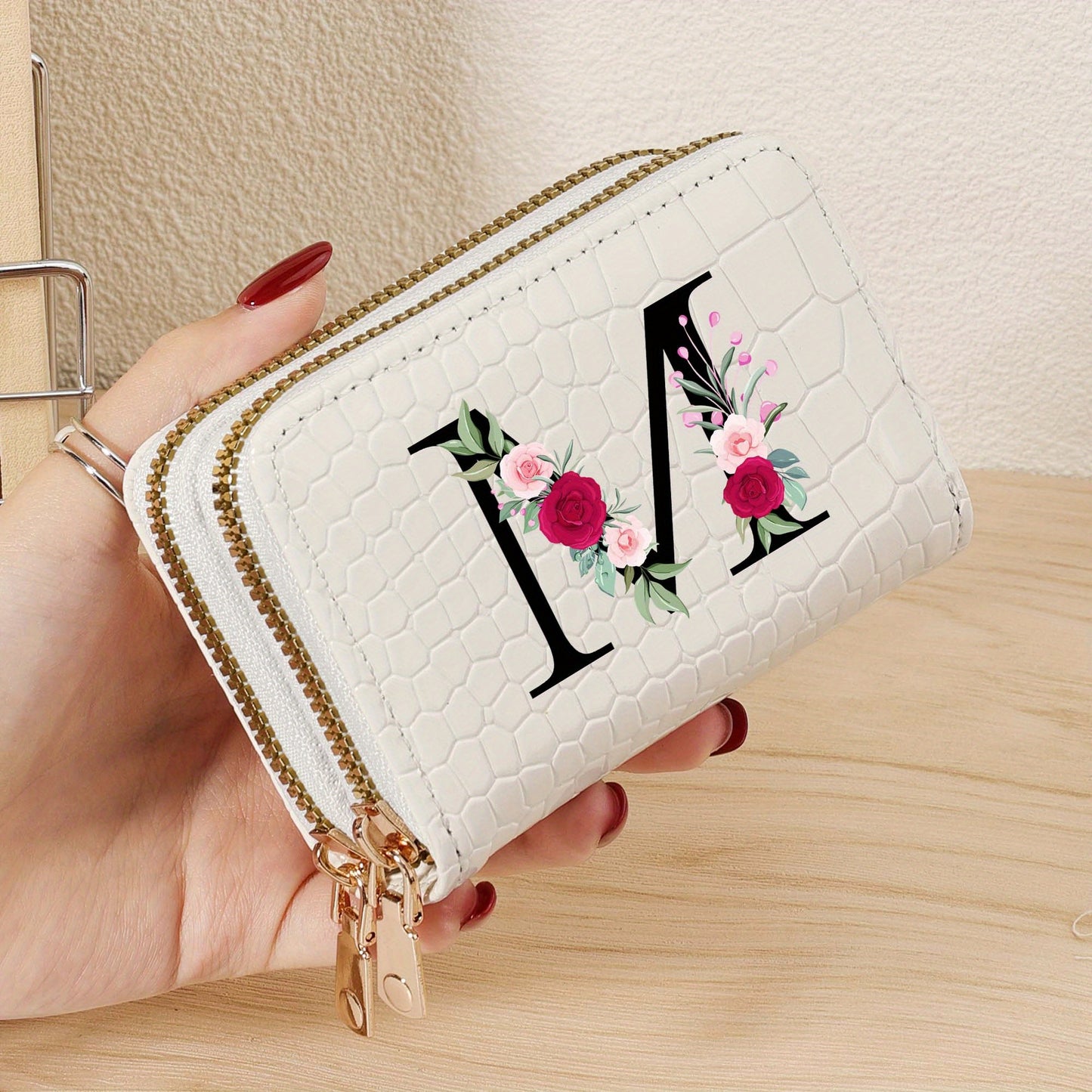 Minimalist Women'S Short Wallet Featuring a Double Zipper Design, with a Crocodile A-Z Letter Pattern. This Stylish Handbag Also Serves As a Fashionable Coin Wallet, Perfect for Travel, Back-To-School, Or Parties.