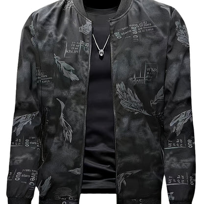 Men'S Lightweight Preppy Bomber Jacket with Feather & Star Print, Stand Collar, Zip-Up, Loose Fit, Polyester Lining, Casual Streetwear Style, Casual Outerwear | Star Pattern Jacket | Zippered Jacket