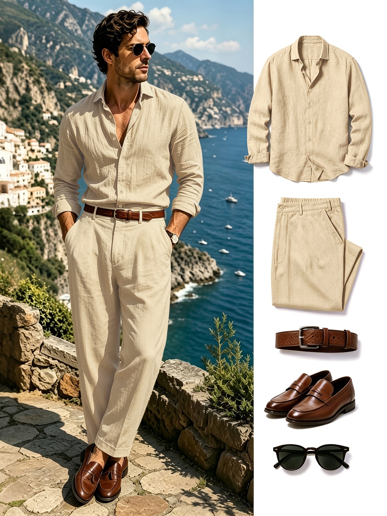 Men's Lightweight Linen Long-Sleeve Shirt & Pants Set for Spring/Fall
