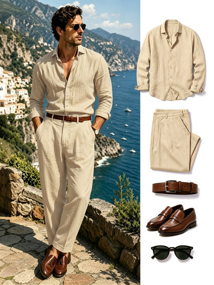 Men's Lightweight Linen Long-Sleeve Shirt & Pants Set for Spring/Fall