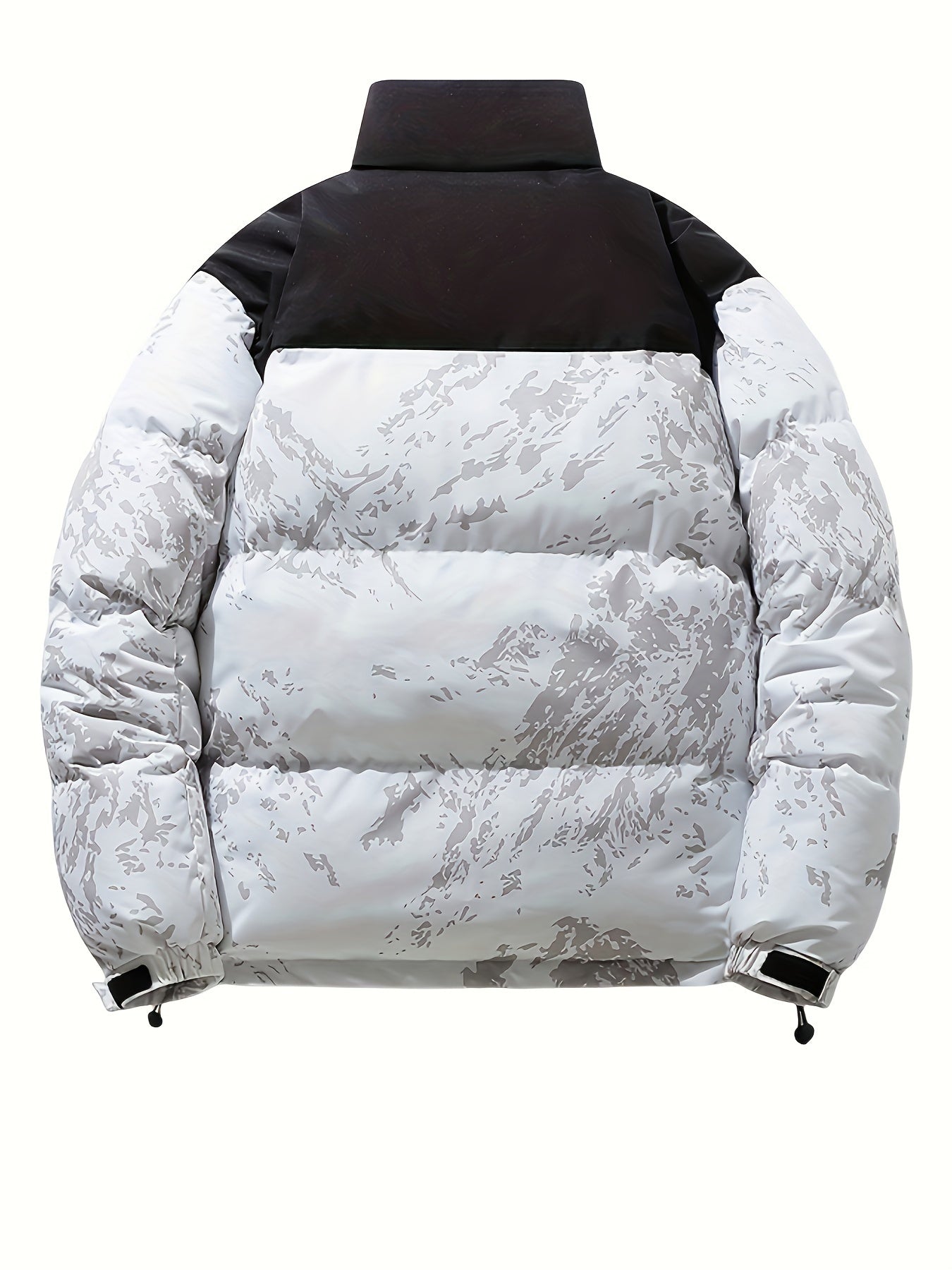Men's Winter Jacket Windproof Coat with Stand Collar & Camo Marbled Pattern (Black/White/Grey) - Thickened Padded, Full-Zip Closure, for Skiing,, Outdoor Activities - Cold Weather Survival