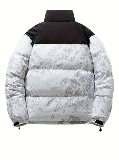 Men's Winter Jacket Windproof Coat with Stand Collar & Camo Marbled Pattern (Black/White/Grey) - Thickened Padded, Full-Zip Closure, for Skiing,, Outdoor Activities - Cold Weather Survival