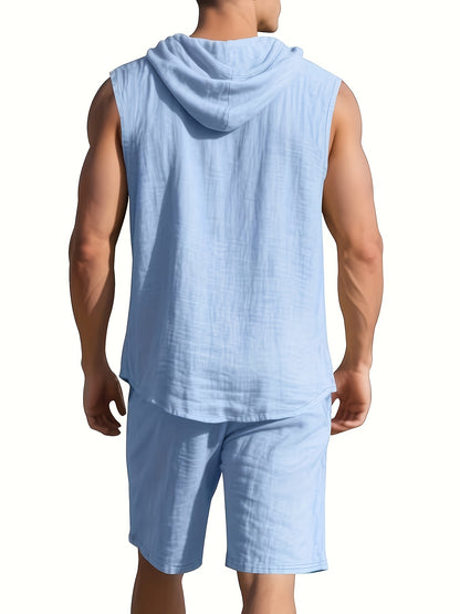 Men's Summer Linen Hooded Sleeveless Shirt & Shorts Set