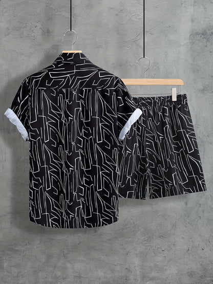 Men'S Summer Casual Short Sleeve Shirt and Shorts Set, Geometric Pattern, Square Neck, Regular Fit, 100% Polyester, Woven Fabric, 120g/m² - Black