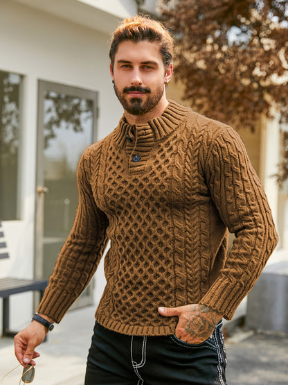 Men's Thermal Stand Collar Cable Knit Sweater - Striped H-Shape Regular Fit Pullover, Machine Washable Winter Sweater with Ribbed Detailing for Autumn & Winter, Knit Sweater, Medium Elasticity Fabric