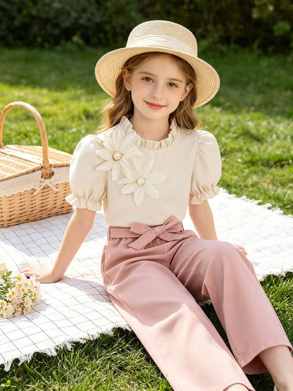 Girls' Casual 2-Piece Short Sleeve Top & Wide-Leg Pants Set