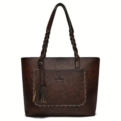 Elegant Large-Capacity Women’s PU Tote Bag with Tassel