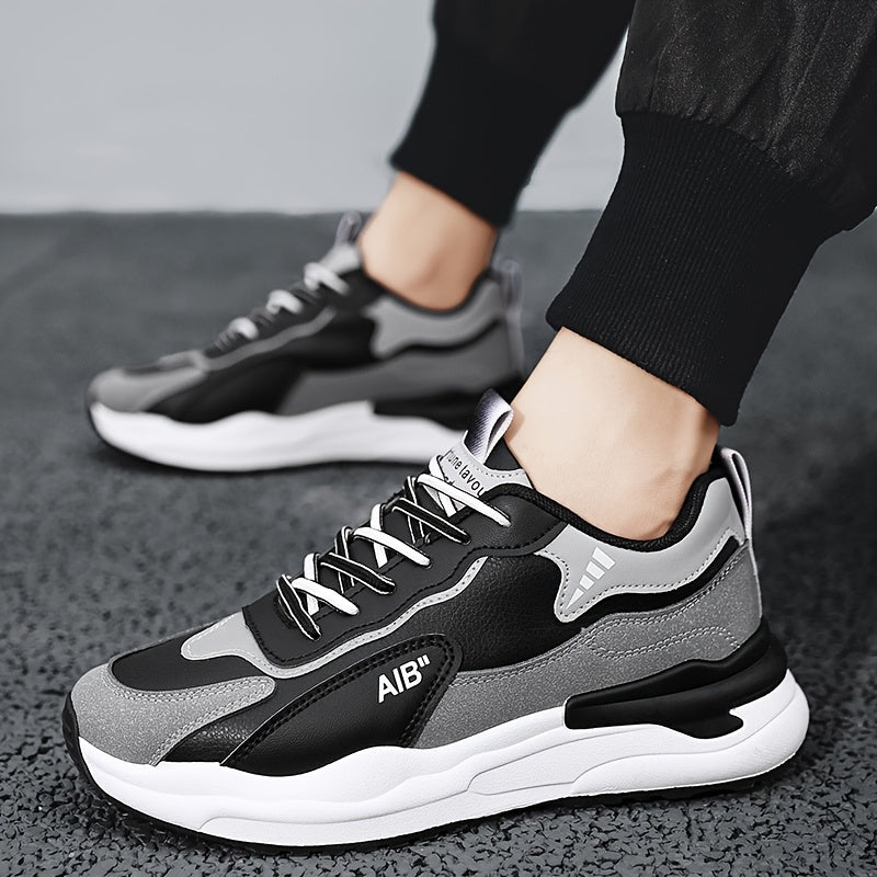 Men'S Fashion Sneakers, Casual Sports Shoes, All-Season Lace-Up Low Top, PU Upper, Fabric Lining, Rubber Sole, EVA Insole, Round Toe, with Trendy Thick Sole for Hiking, Outdoor, Daily Wear