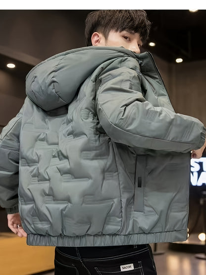 Men's Winter Windproof Thickened Warm College Style Zip-Up Hooded Jacket with Pockets, Casual and Sporty, Machine Washable - Solid Color Suitable for Hiking and Outdoor Activities