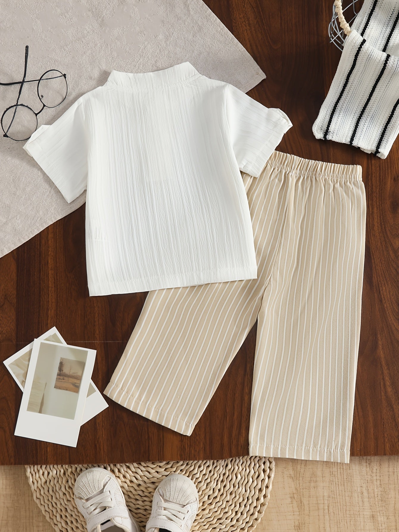 Boys' Casual Short-Sleeve Top & Pants Set with Stand Collar