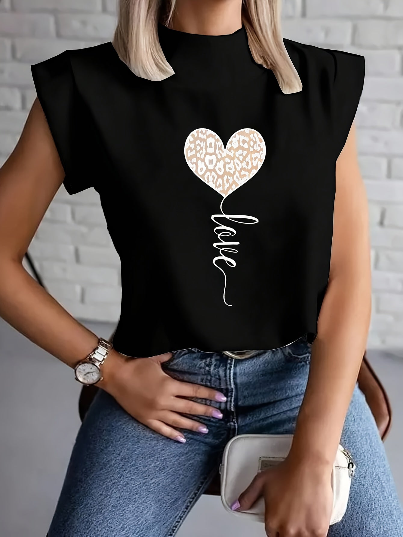 Women's Fashionable White T-Shirt with Leopard Print Heart and "LOVE" Cursive - Short Sleeve, Polyester Blend, Machine Washable