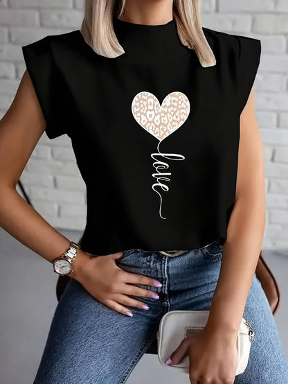 Women's Fashionable White T-Shirt with Leopard Print Heart and "LOVE" Cursive - Short Sleeve, Polyester Blend, Machine Washable