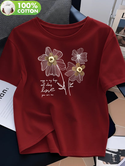 Women's 100% Cotton Casual Crew Neck T-Shirt with Floral Print