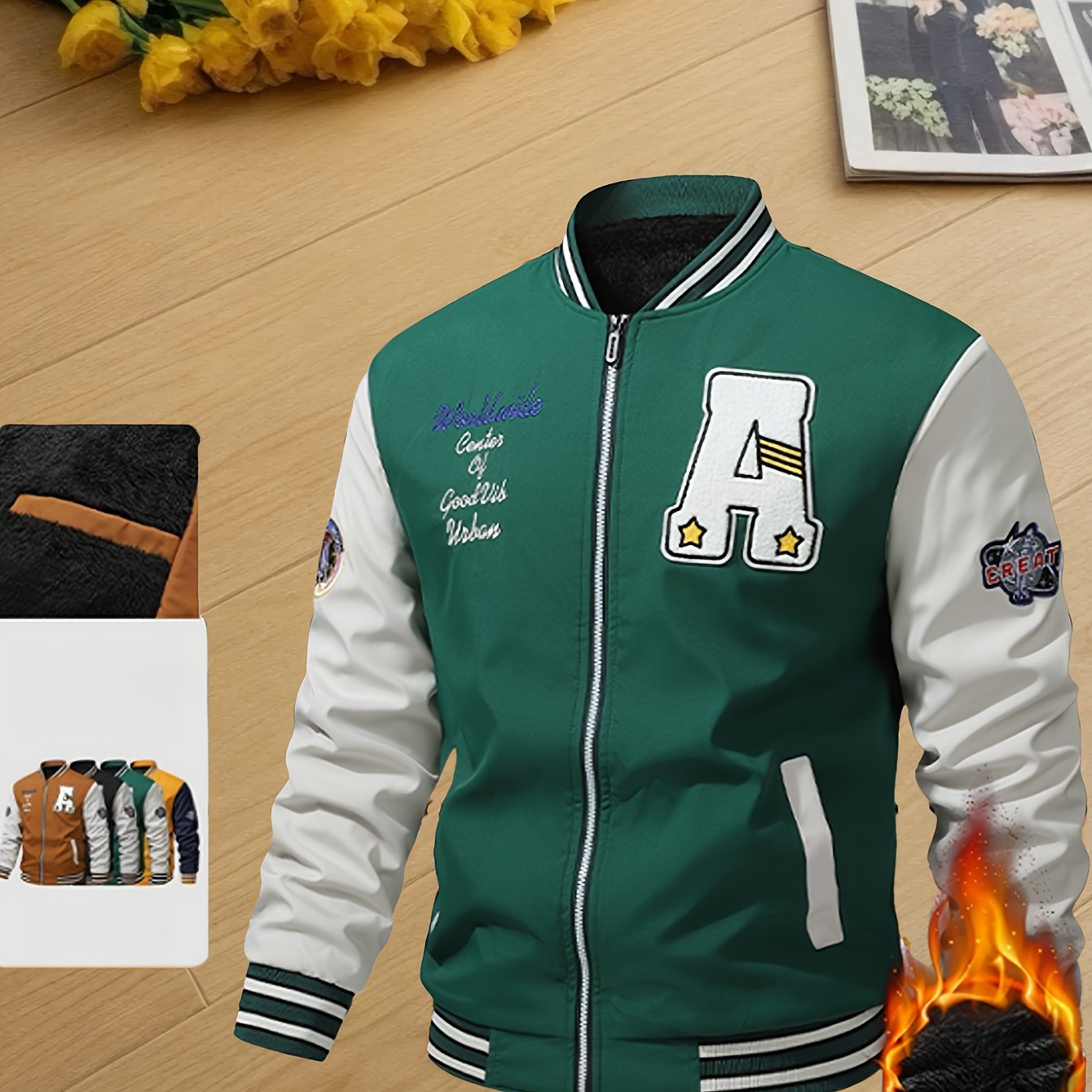 Men's Thermal Insulated Full-Zip Baseball Jacket with Full-Zip Closure - Heavyweight Winter Coat, Brown/White colorblock, Lining - Streetwear Outerwear for Casual & Formal Events - Compatible with Hoodies & Jackets (Men's Fas