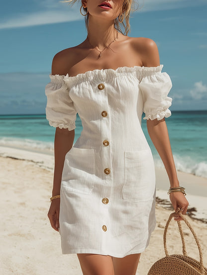 Women's Linen Off-Shoulder Ruffle Hem Mini Dress for Spring