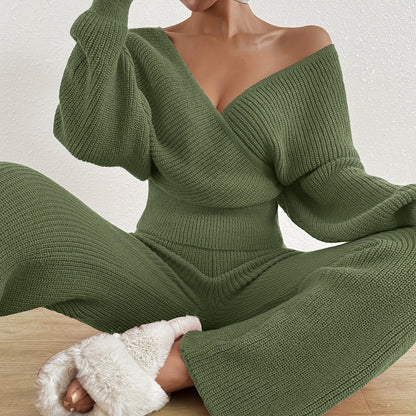 Women's Autumn Winter Sweater V-Neck Sleeveless Pullover with Wide-Leg Pants Elegant Two-Piece Set