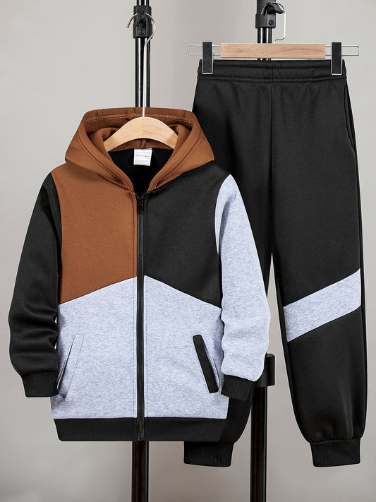 2pcs Boys' Solid Color Hooded Sweatshirt and Pants Set, New Trendy Outerwear + Long Pants for Autumn/Winter, 100% Polyester, Machine Washable, Perfect Outdoor Gift, Perfect for Outdoor