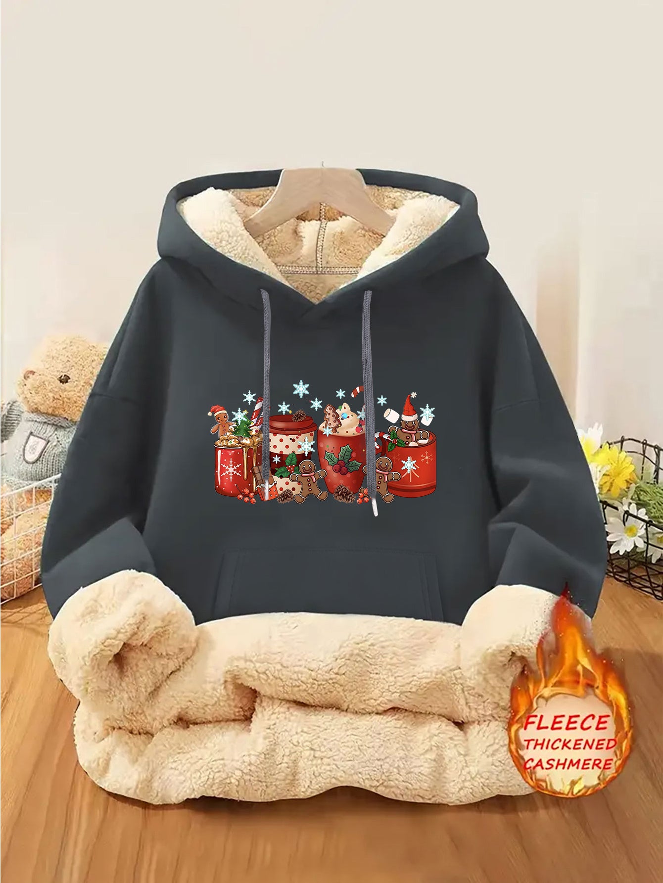 1pc Women's Thick-Lined Hooded Sweatshirt with Gingerbread for Man in Santa Hat & Candy Cane Print - Cozy Plush Lined, Soft Polyester Warm Pullover for Fall/Winter, Machine Washable Casual Outerwear, Cold Weather Wear, Minima
