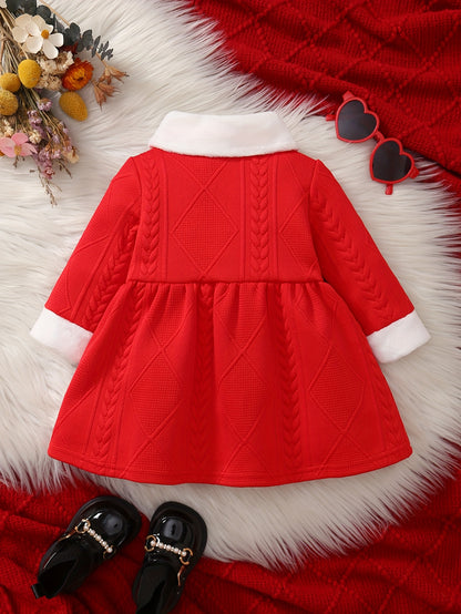 1pc New Style Single-Breasted Bowknot White Collar Dress for Girls, Red Christmas and New Year Baby Outfit