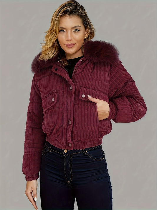 Women'S Winter Jacket - Full-Zip Coat with Detachable Fur Collar, Burgundy/Red - Cold Weather Outerwear for Everyday & Formal Events