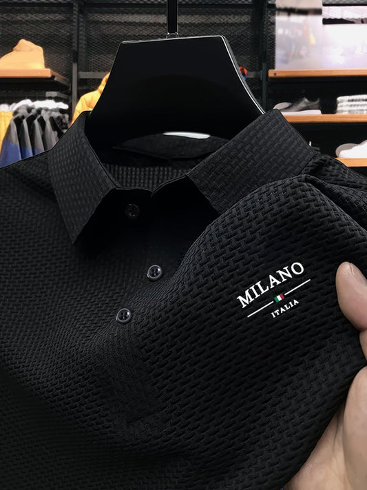 Solid Color Milan Letter Print Color-Blocking Design, New Men'S Short-Sleeved Polo Shirt Lapel Summer Solid Color Clothes Top T-Shirt Short-Sleeved Versatile Men'S Clothing Comfortable Short-Sleeved Top Home Casual Outing Act - ayq