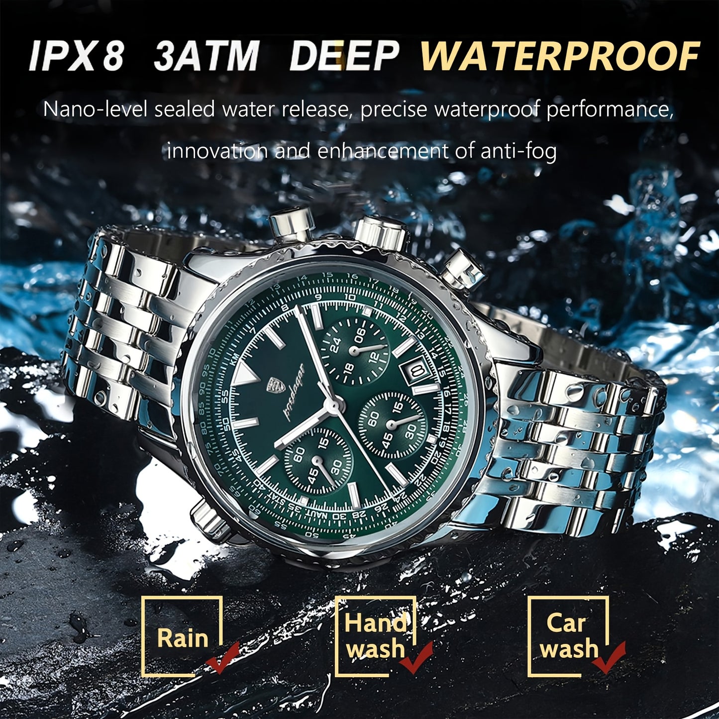Luxury Stainless Steel Chronograph Watch with Green Dial