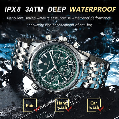Luxury Stainless Steel Chronograph Watch with Green Dial