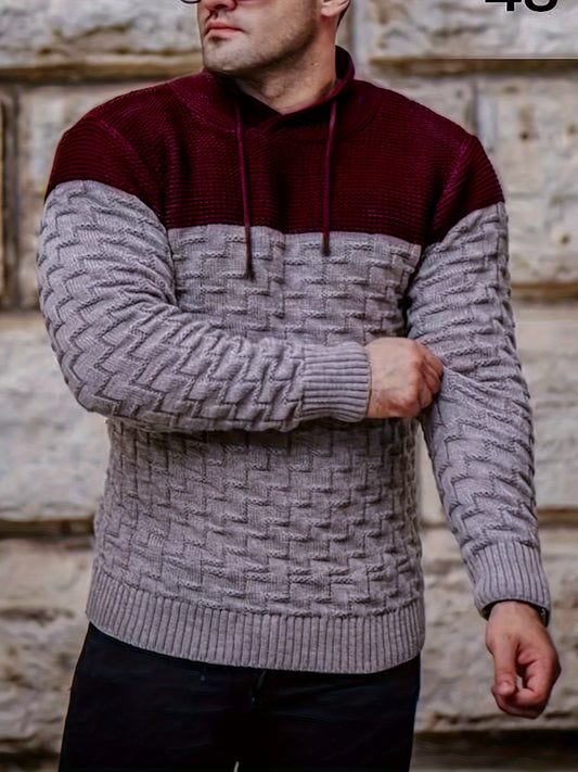 Men's Color Block Vintage Long Sleeve Sweater With Stand Collar, Soft And Comfortable Clothing For Fall And Winter