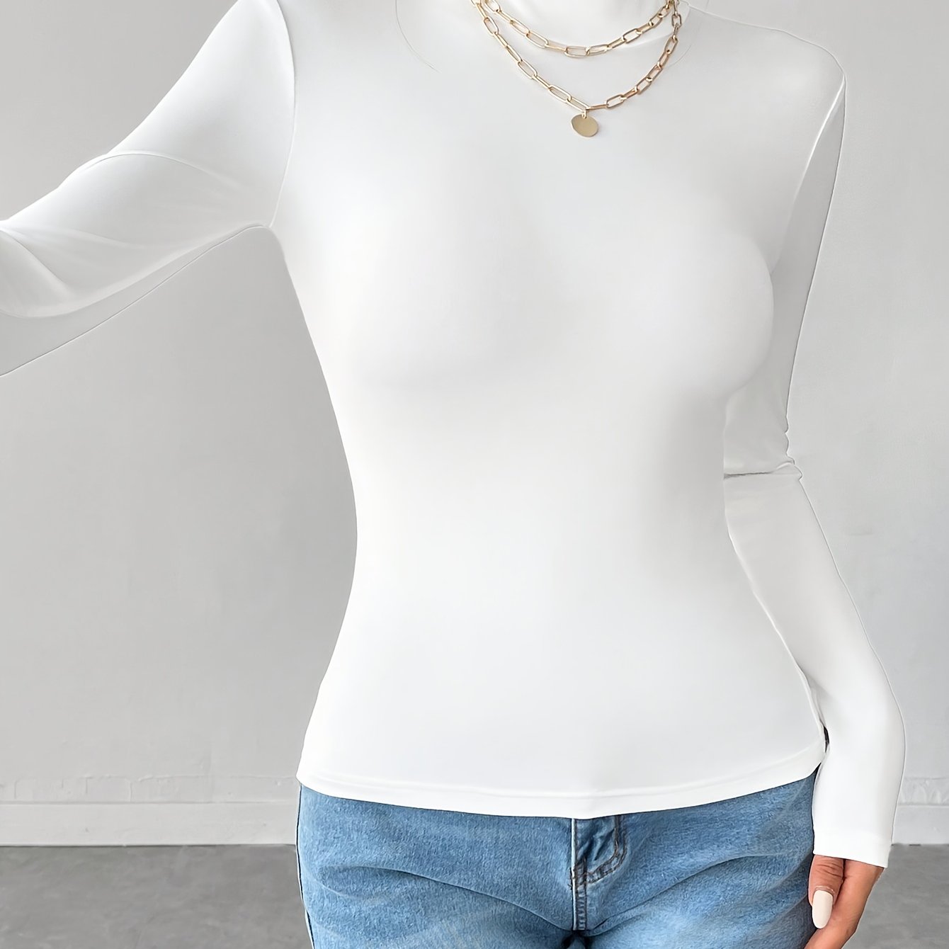 Women'S Elegant High Neck Long Sleeve T-Shirt - Soft Stretchy Solid Color Top for Spring Summer Fall, Versatile Casual & Formal Wear, Machine Washable, Seasonal Fashion, Sophisticated Style, Comfortable Fit, Stylish Blouse, F
