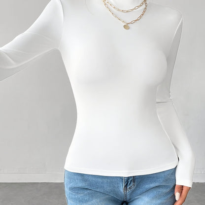 Women'S Elegant High Neck Long Sleeve T-Shirt - Soft Stretchy Solid Color Top for Spring Summer Fall, Versatile Casual & Formal Wear, Machine Washable, Seasonal Fashion, Sophisticated Style, Comfortable Fit, Stylish Blouse, F