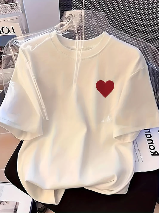 Women's Casual Cotton Love Pattern T-Shirt, Short Sleeve - ayq