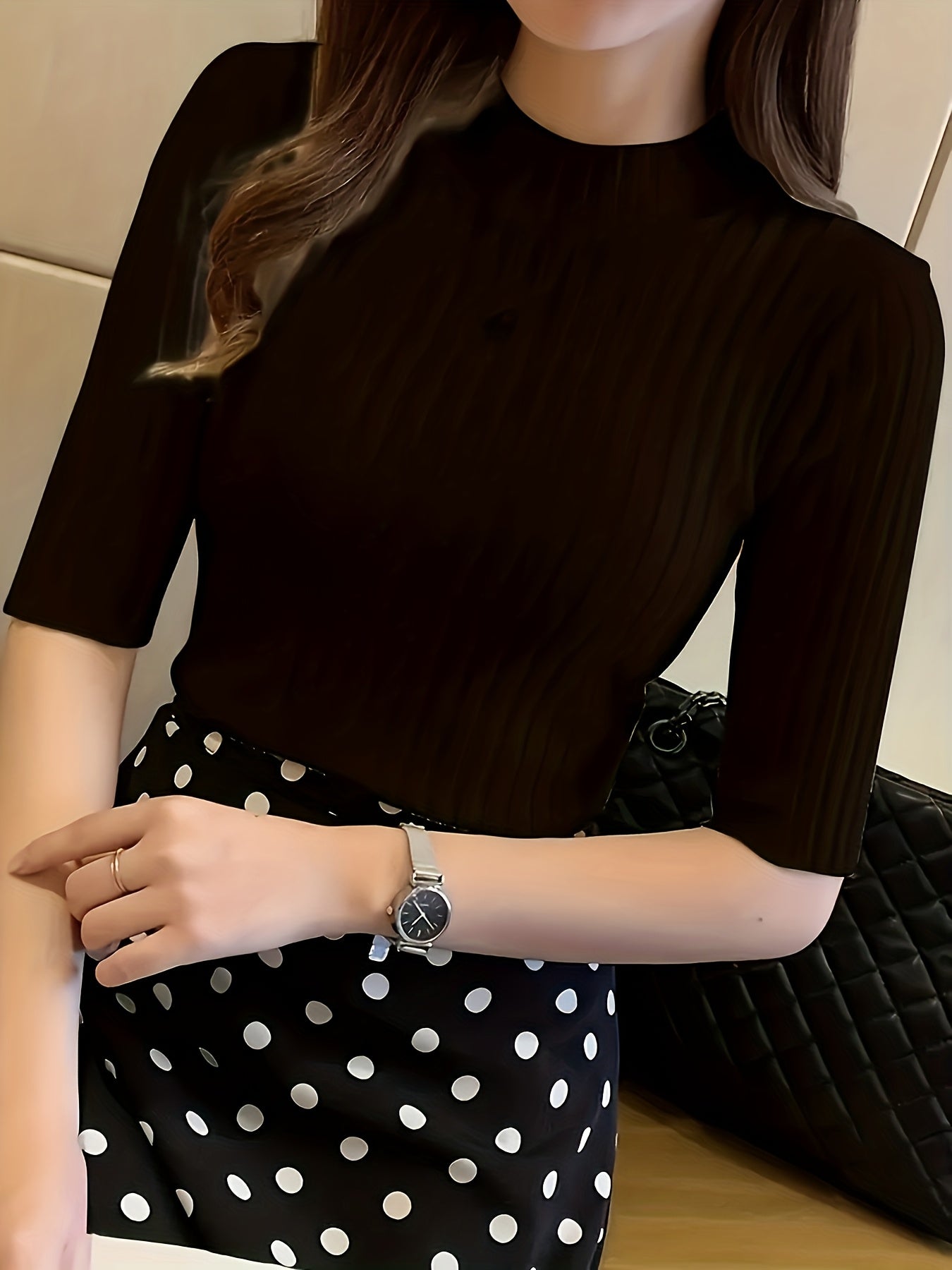 Women's Elegant Solid Color Ribbed Pullover Top - Short Sleeve Regular Fit Machine-Washable All-Season Versatile Blouse for Casual & Formal Wear