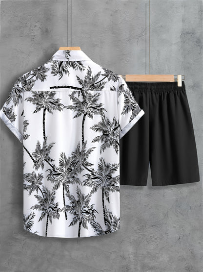 Coconut Tree Print, Men's 2Pcs Outfits, Casual Camp Collar Lapel Button Up Short Sleeve Shirts Hawaii Shirt And Drawstring Shorts Set For Summer, Men's Clothing