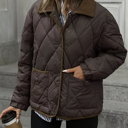 Rhombus Pattern Fashion Women's Top, Collar Spliced Single-Breasted Short Coat, Winter 2024 New Arrival, Contrast Trim, Petite-Friendly Jacket, Fashionable Warm Casual Outerwear, High-Reviewed