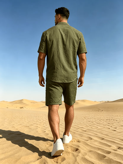 Men's Linen Short Sleeve Shirt & Solid Shorts Set for Summer