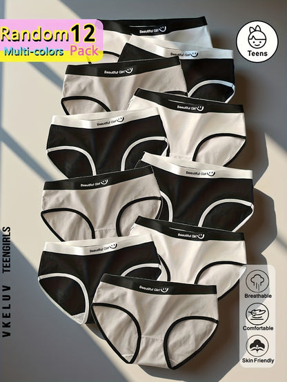 12-Pack Girls' Mid-Rise Cotton-Blend Briefs with Letter Print