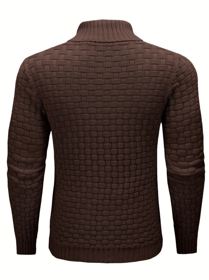 Men's Casual Waffle Pattern High Stretch Sweater, Chic Mature Pullover Sweater For Fall Winter