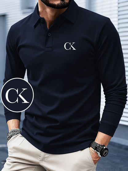 Men's Long Sleeve Polo Shirt with Stylish Letter Print