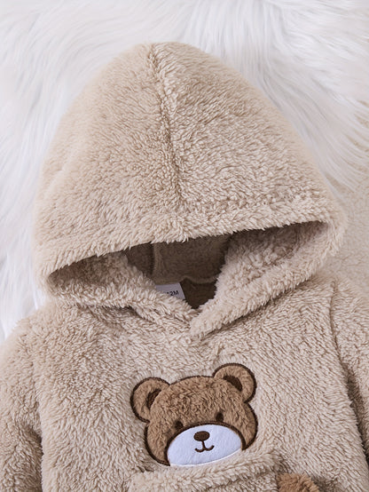 Boys' Autumn and Winter Fashionable Casual Simple Cute Warm Solid Color Plush Bear Embroidered Hoodie Long Pants Two-Piece Set, Perfect for Outdoor