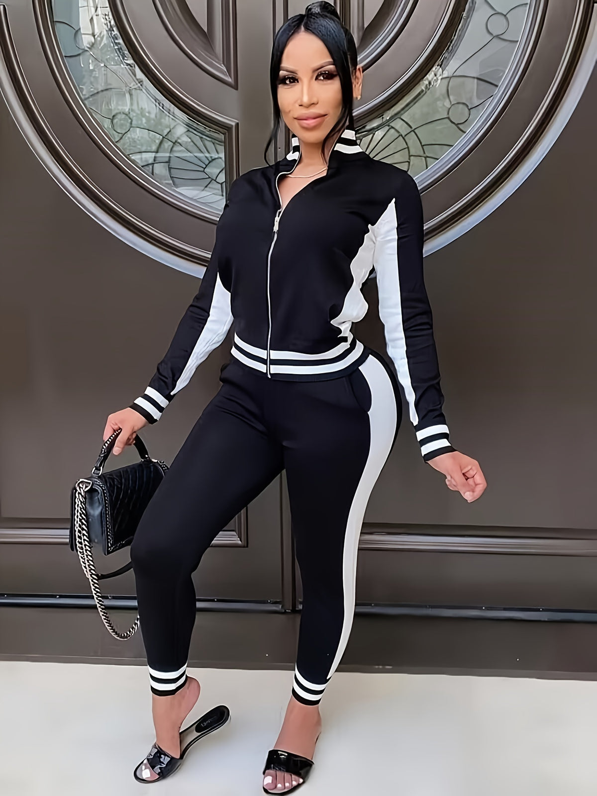 Women's Casual Striped 2-Piece Set with Zip-Up Jacket & Pants - ayq