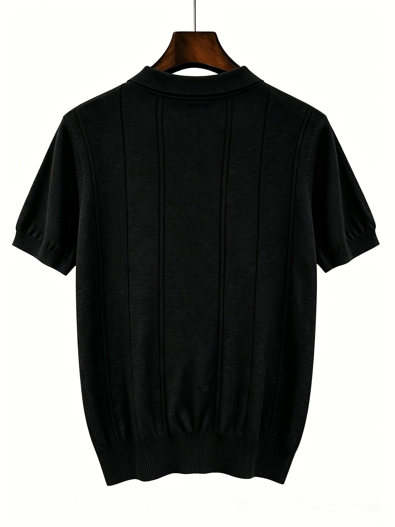 Men's Slim Fit Vertical Stripe Knit Polo Shirt with Lapel Collar