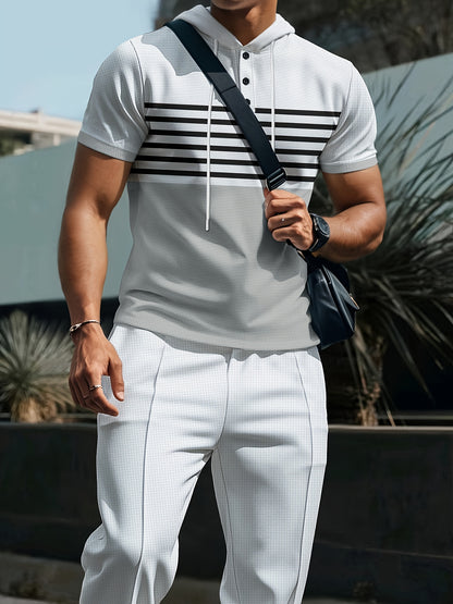 Men'S Summer Casual Sportswear Set, Striped Patchwork Short Sleeve, Polyester Material, Suitable for Leisure and Sports Outings, Fashionable and Trendy, with Drawstring Belt and Pockets, Ideal for Summer Activities, Hooded Sh