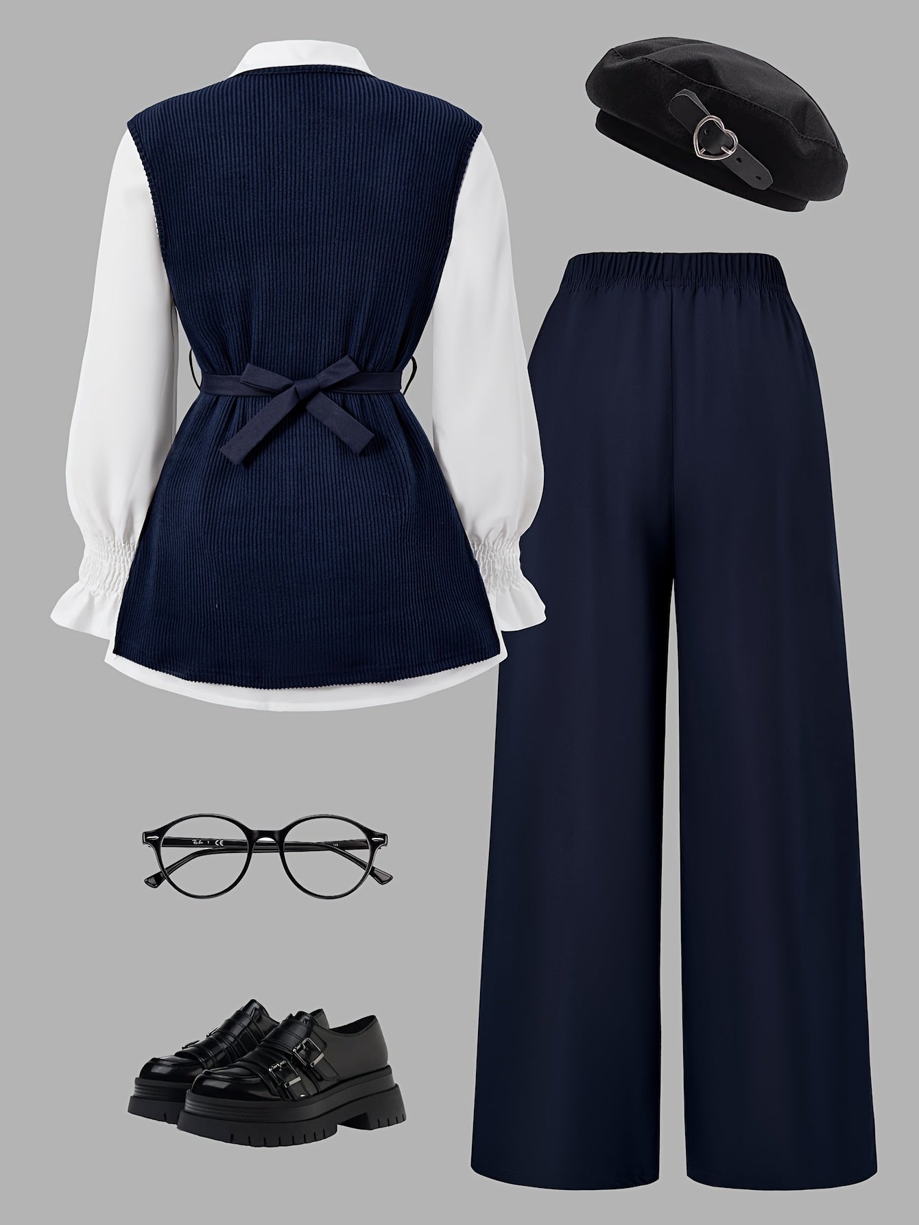 Teen Girls' Casual Spring Outfit Set: Puff Sleeve Shirt, Vest & Wide-L