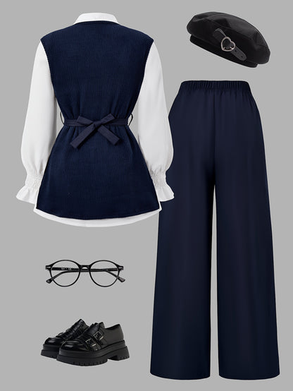 Teen Girls' Casual Spring Outfit Set: Puff Sleeve Shirt, Vest & Wide-L